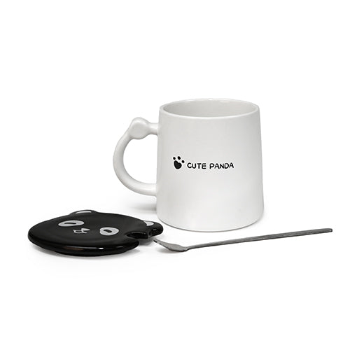 12 oz White Panda Ceramic Mug with Lid and Spoon — 4 in H