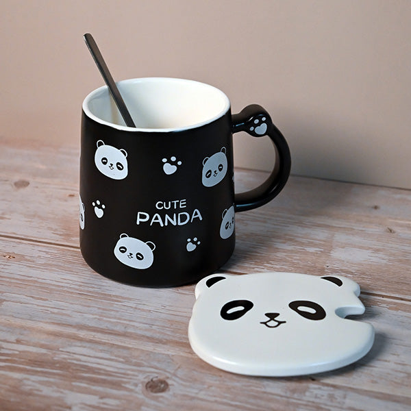 12 oz Black Panda-Pattern Mug with Lid and Spoon — 4 in H
