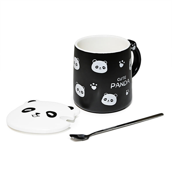 12 oz Black Panda-Pattern Mug with Lid and Spoon — 4 in H
