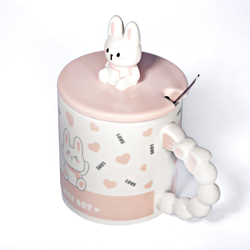 PC47-1 white and pink rabbit mug with figurine lid, spoon and beaded handle