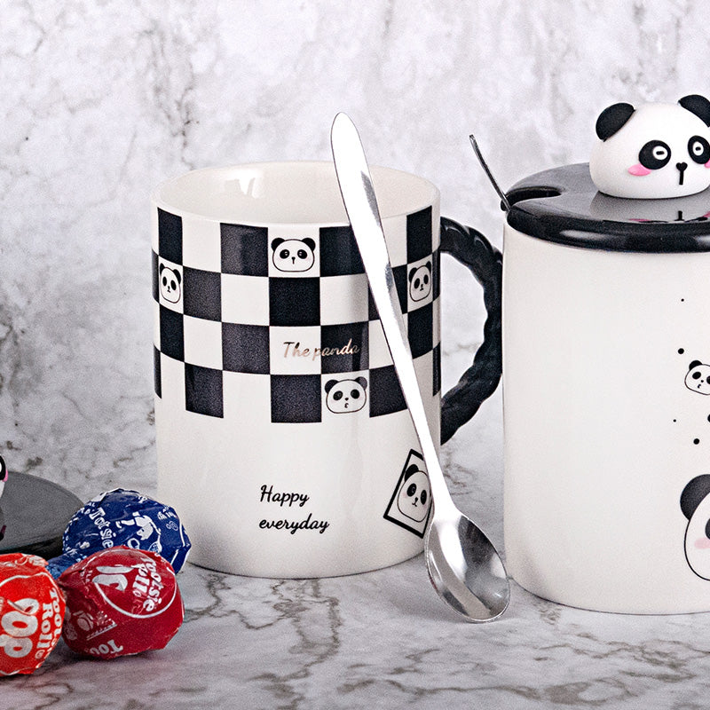 Checkerboard Panda ceramic mug — the open mug and its spoon