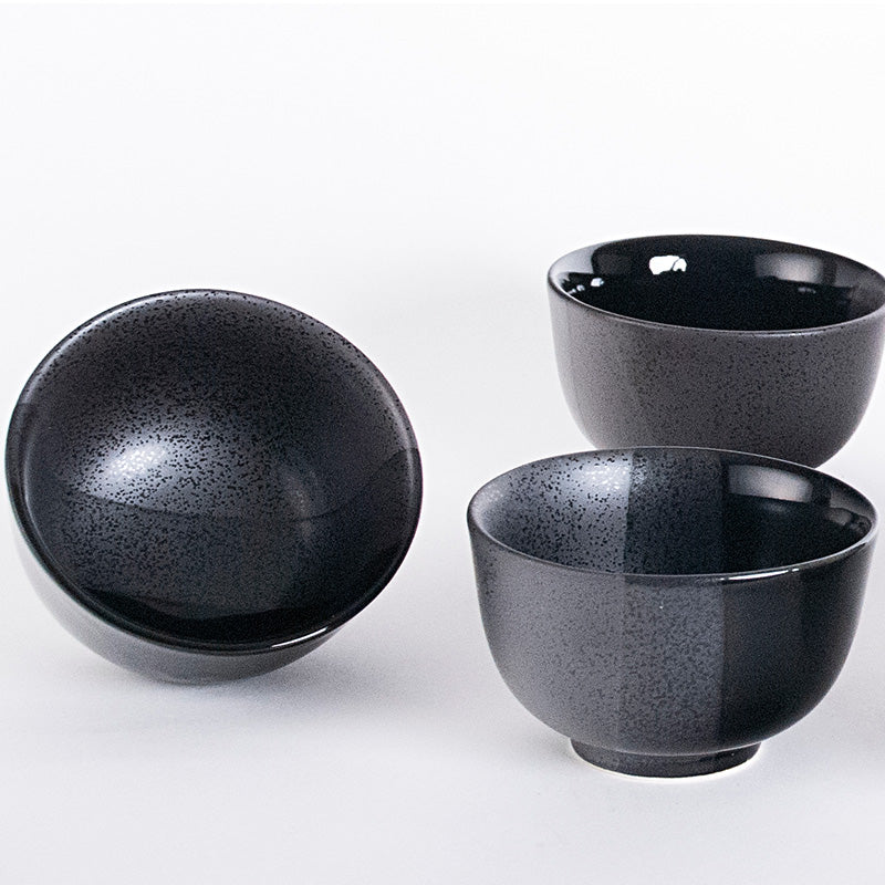 BD64-KI glossy black and finely speckled gray patchwork teapot and matching cups