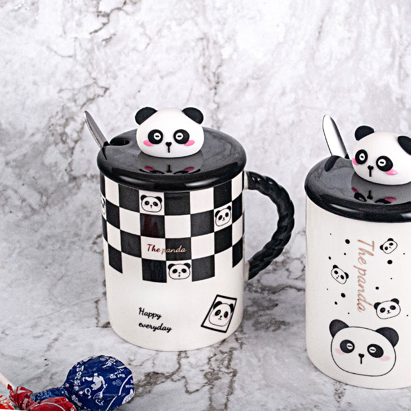 Checkerboard Panda ceramic mug — a closer view of the character lid