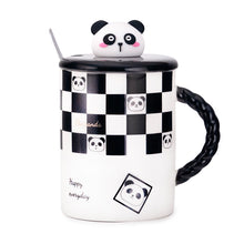 12 oz White & Black Checkerboard Panda Ceramic Mug with Lid & Spoon