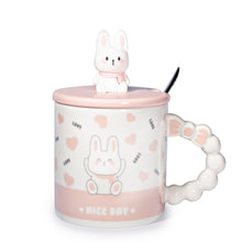 12 oz Pink Heart Rabbit Mug with Lid & Spoon — 5½″ High