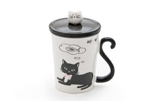 10 oz White & Black Reclining Cat Mug with Cat-Knob Lid