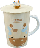 14 oz Cream & Blue Giraffe Ceramic Mug with Character Lid