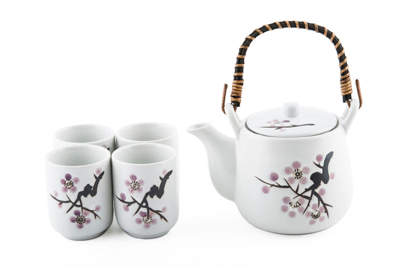 White and Pink Blossom Tea Set with 4 Cups