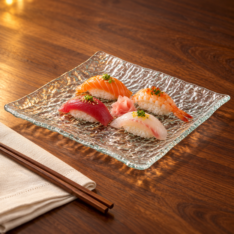 GF6-C clear rippled glass plate with nigiri in a warm tabletop setting
