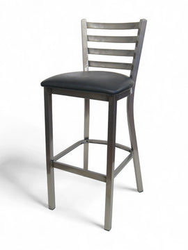 Clear-finish metal restaurant barstool with black padded seat