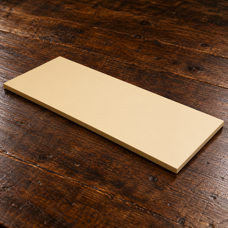 H10B-20 pale rectangular Hi-Soft cutting board on a wooden preparation counter