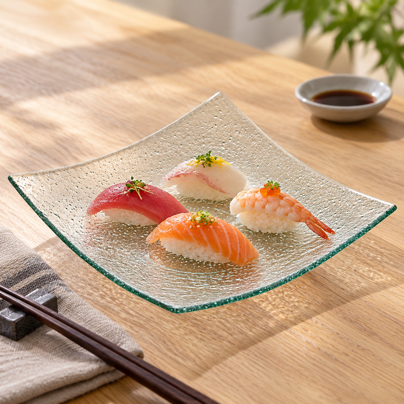 HG27 clear square textured glass plate presenting four nigiri