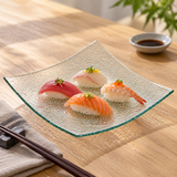 HG27 clear square textured glass plate presenting four nigiri