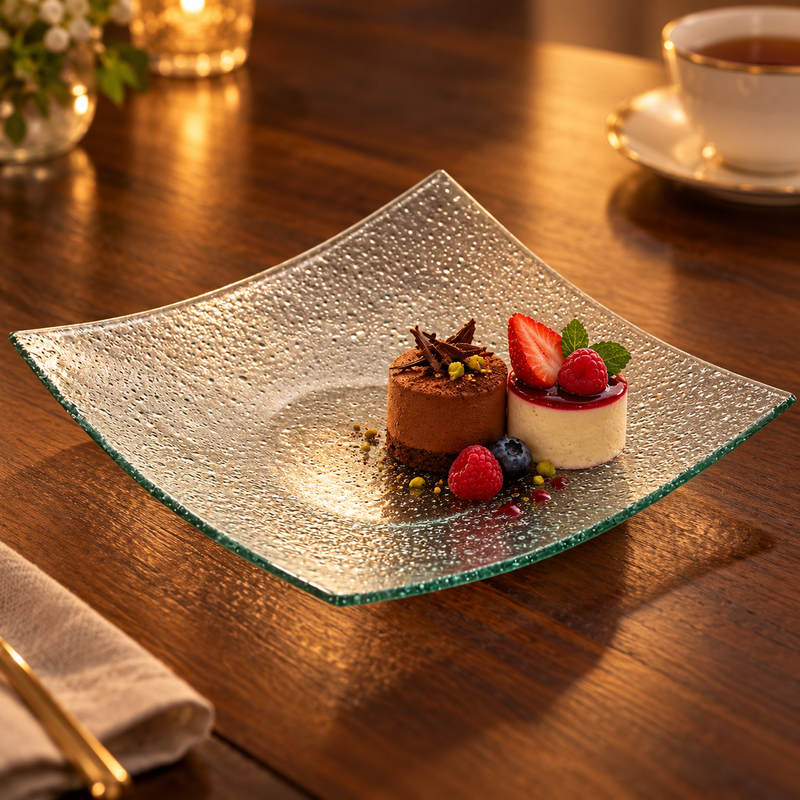 HG27 clear square textured glass plate with two petite desserts and berries