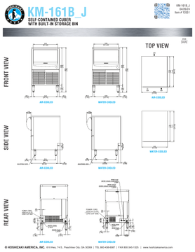Hoshizaki KM-161BAJ and KM-161BWJ official shared dimensions, air-cooled and water-cooled views, door movement and separate utility connections