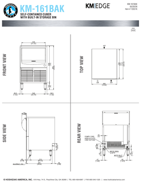 Hoshizaki KM-161BAK official dimensions, adjustable legs, door movement and utilities