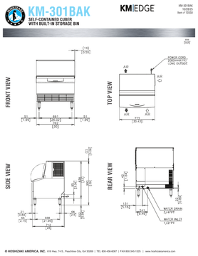 Hoshizaki KM-301BAK official dimensions, top overhang, hinged-door movement, adjustable legs and utility connections