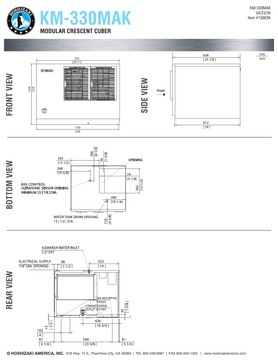 Hoshizaki KM-330MAK official head dimensions and utility connections