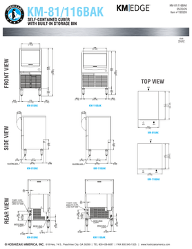 Hoshizaki KM-81BAK and KM-116BAK official shared dimensions, adjustable legs, door movement and utilities