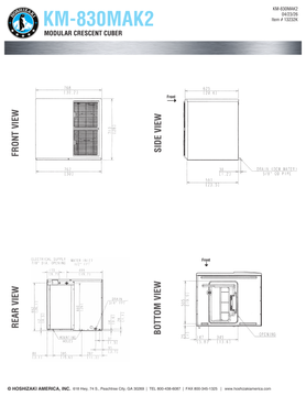 Hoshizaki KM-830MAK2 official head dimensions and utility connections