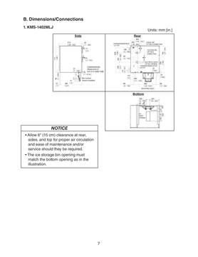 Hoshizaki KMS-1402MLJ original manual dimensional drawing with connections, installed bin control and bottom opening