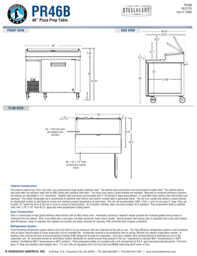Hoshizaki PR46B official dimension and construction sheet
