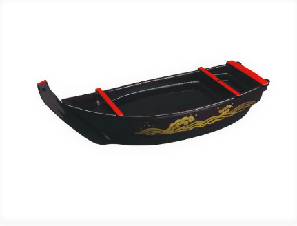 WM874 dark burgundy lacquer sushi boat with red trim and gold-colored wave decoration