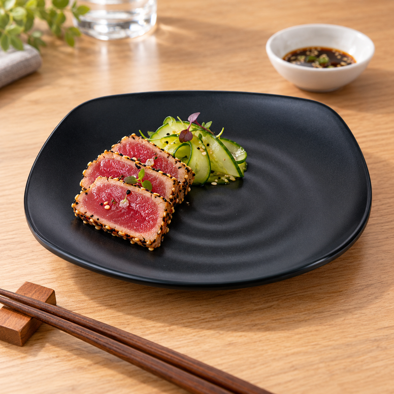 IT-H1188B black rounded-square ripple melamine plate with sliced tuna and cucumber