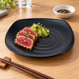 IT-H1188B black rounded-square ripple melamine plate with sliced tuna and cucumber