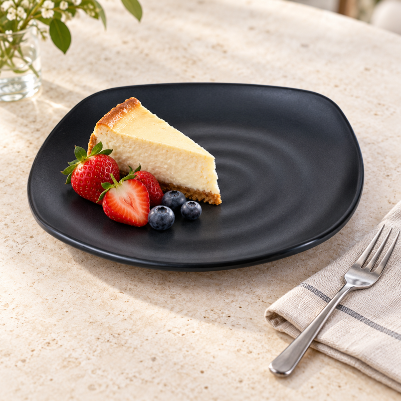 IT-H1188B black rounded-square ripple melamine plate with cheesecake and berries