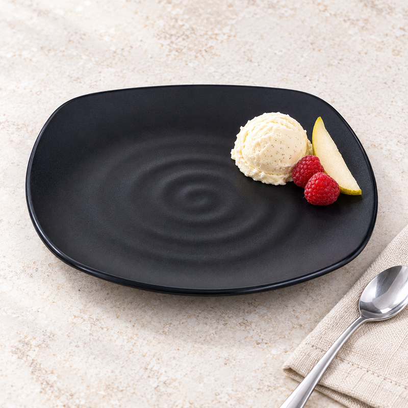 IT-H1288B black rounded-square ripple melamine plate with a small ice cream and fruit dessert
