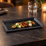 IT-HW2029B broad-rim black rectangular melamine plate with vegetables and mozzarella