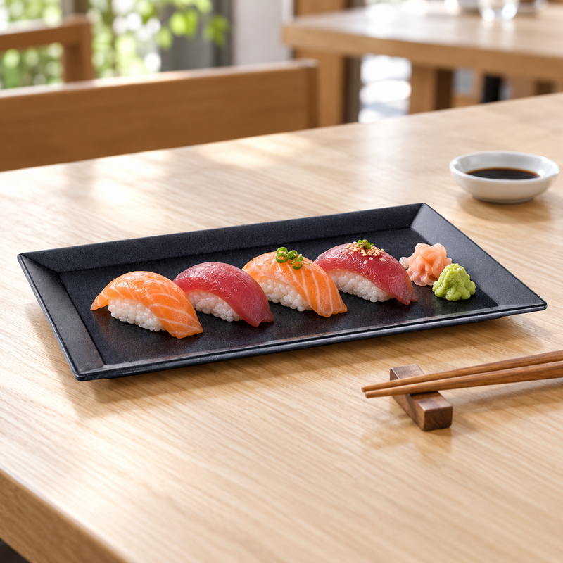 IT-HW2029B broad-rim black rectangular melamine plate with salmon and tuna nigiri