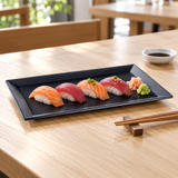 IT-HW2029B broad-rim black rectangular melamine plate with salmon and tuna nigiri