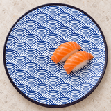 Blue wave round melamine plate with salmon nigiri