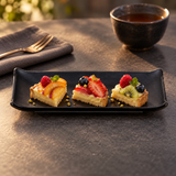 IT-Y19B black rectangular melamine plate with three fruit tart portions