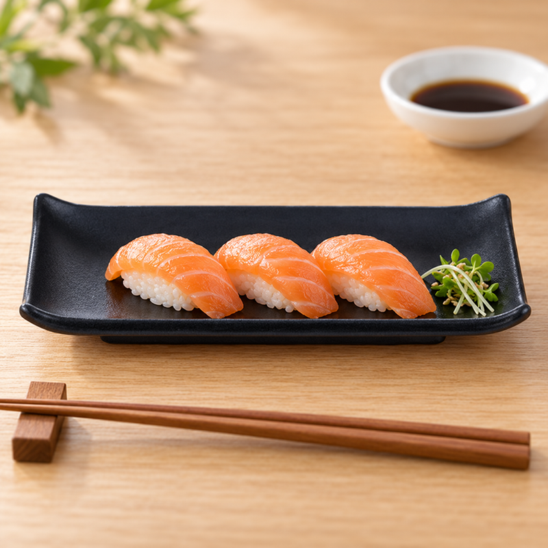 IT-Y19B black rectangular melamine plate with three salmon nigiri