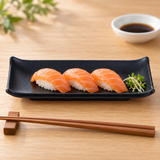 IT-Y19B black rectangular melamine plate with three salmon nigiri