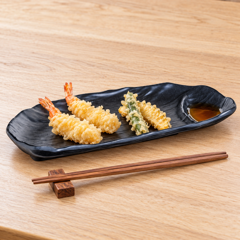 IT-Y3111B textured black oblong melamine plate with tempura and dipping sauce in its end well