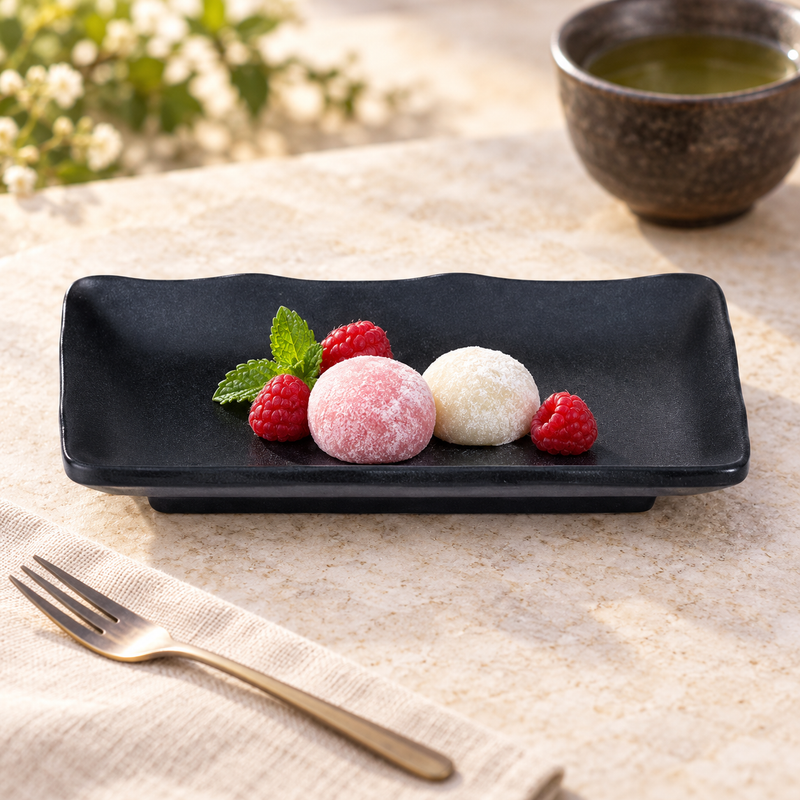 IT-Y5408B black rectangular melamine plate with two mochi and berries