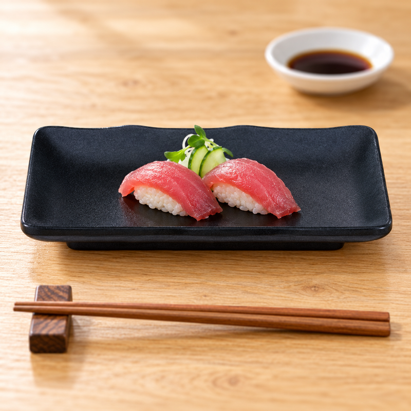 IT-Y5408B black rectangular melamine plate with two tuna nigiri