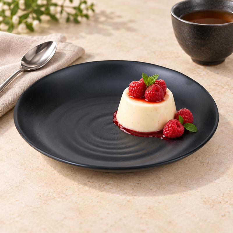 IT-Y7008B 8¼-inch black round ripple melamine plate with panna cotta and raspberries