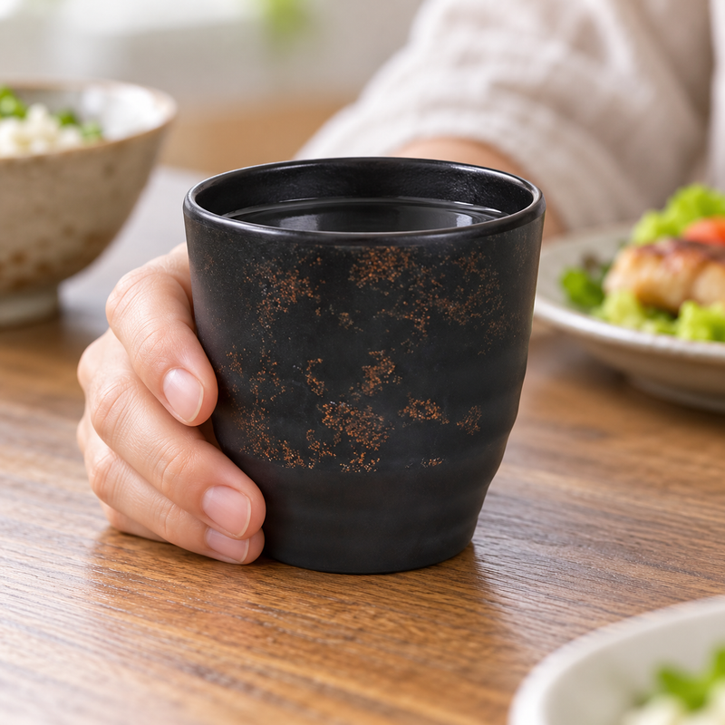 Black mottled melamine cup held at a meal setting