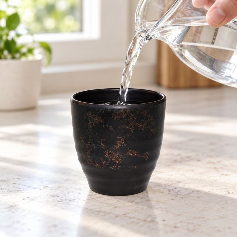 Water being poured into black mottled melamine cup