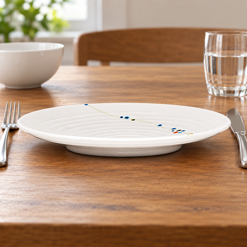 J812C-HM Rain Flower round plate with concentric ridges and low foot beside fork, knife, bowl and water glass