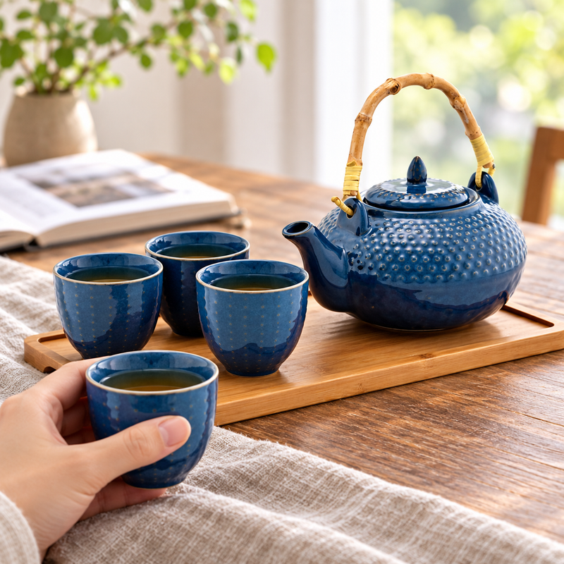 One blue cup held for drinking, with three cups and the matching teapot on the tray
