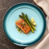 JX210-S blue, black round with seared salmon and asparagus