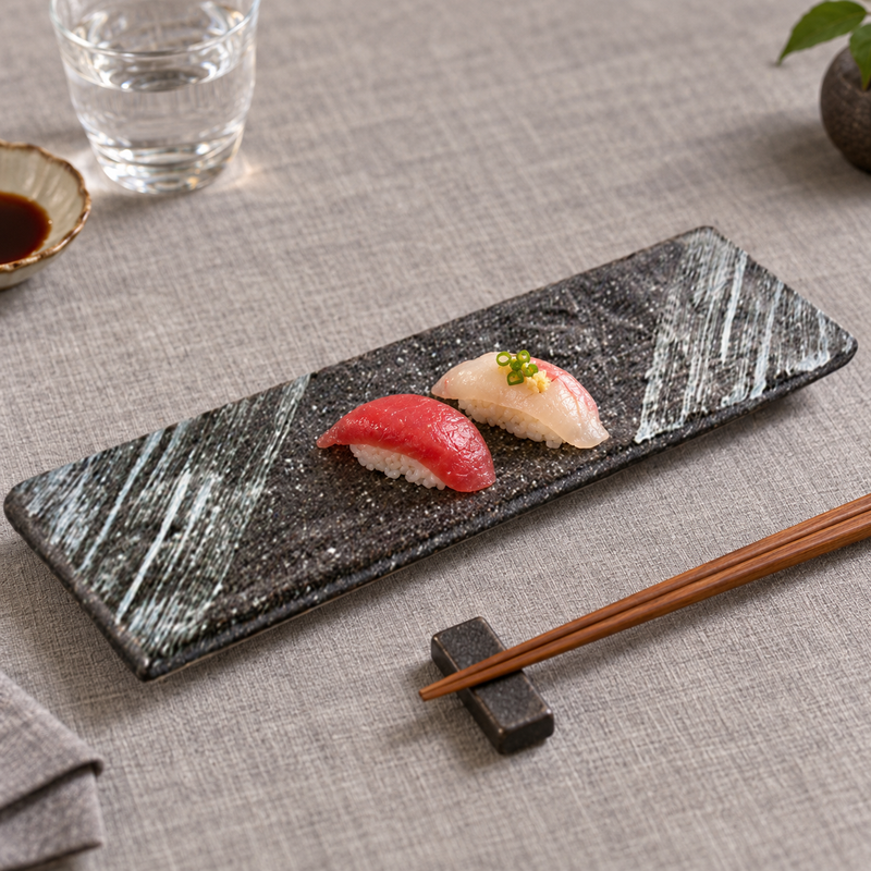 JX215-G gray brushstroke rectangular plate with two petite nigiri in a dining setting