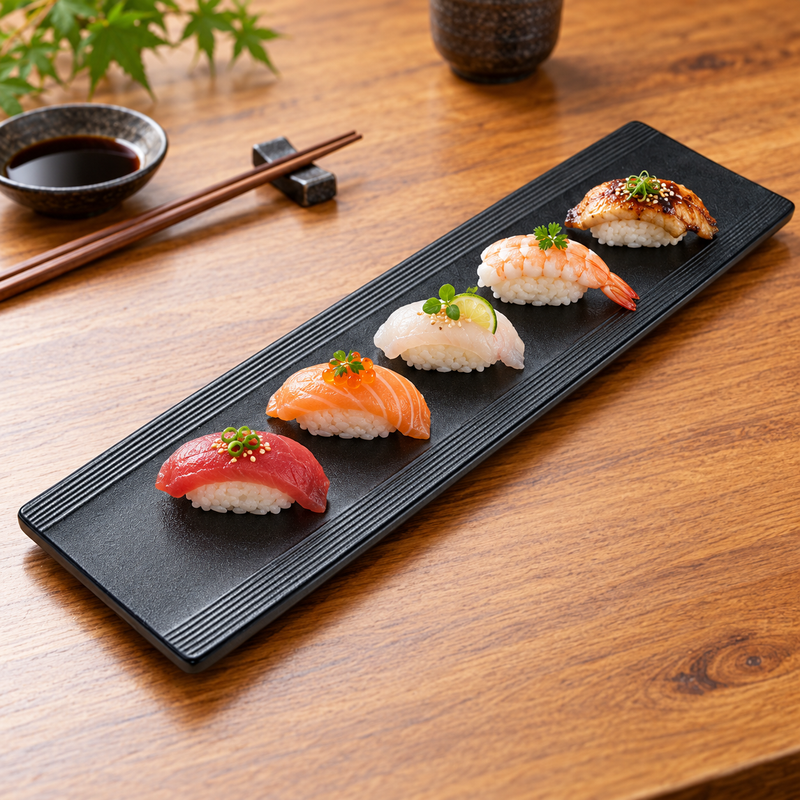 JX218-B black porcelain platter with a sushi presentation