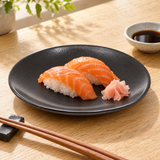 JX26-B round plate with salmon nigiri in a daylight setting